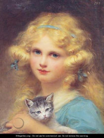 Edouard Cabane (1857 - 1942) French painter / young girl holding a kitten