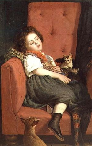 Auguste L'Orange (1833 - 1875) girl sleeping with kittens