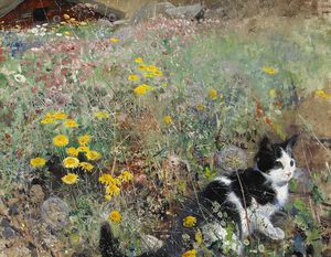 Bruno Liljefors (1869 - 1939) cat on a flowerbed