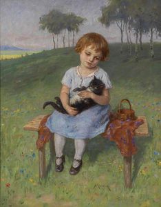 Simon Glücklich (1863 - 1943) Kind mit Katze
